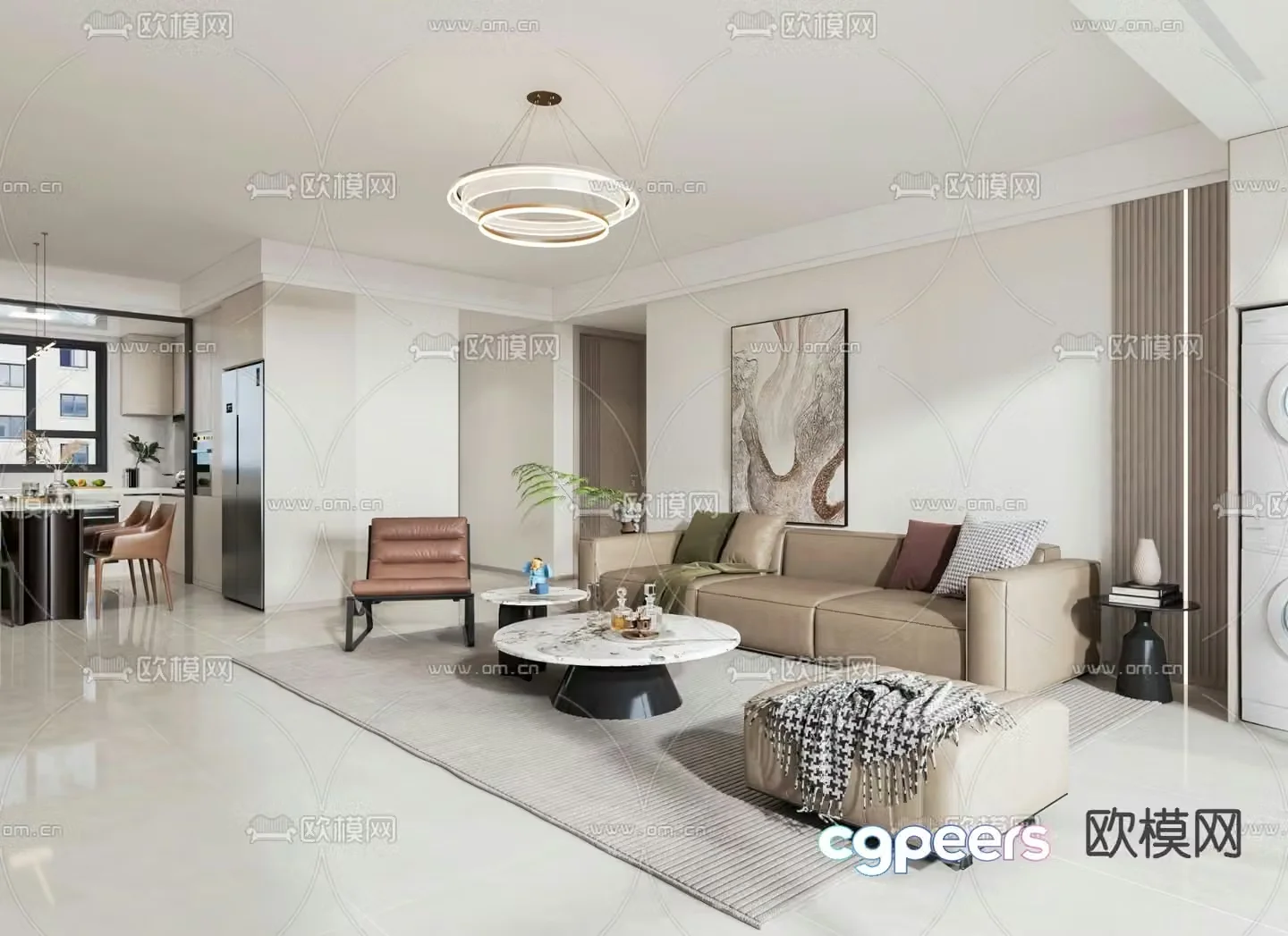 Modern living and dining room 3d model
