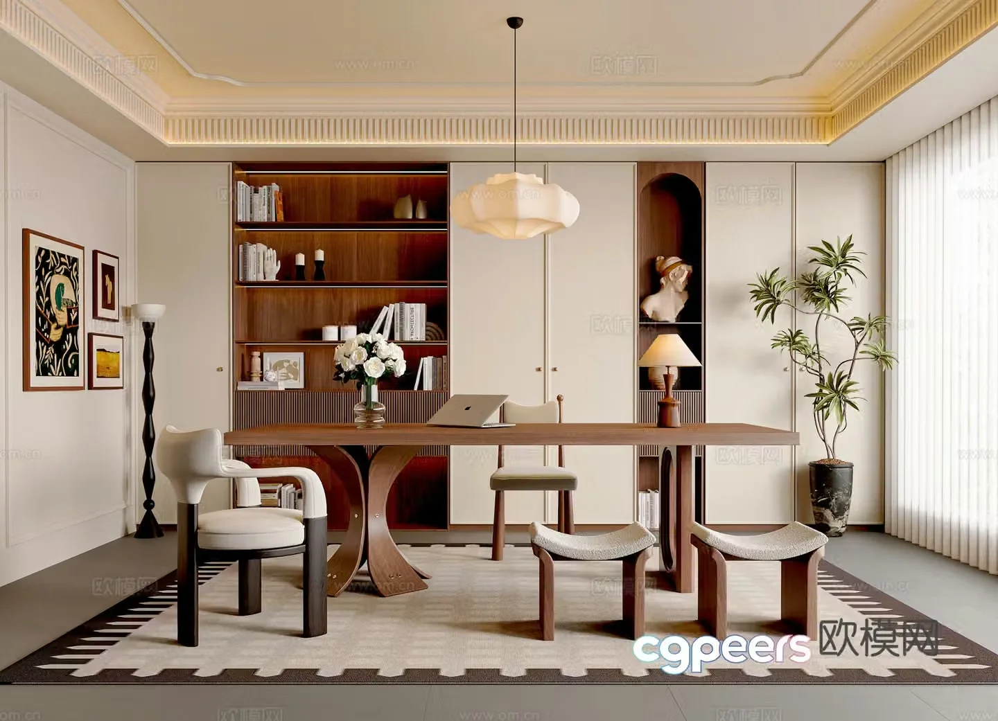 French medieval style study room medieval style desk and chair combination chandelier floor lamp medieval style bookcase 3D model