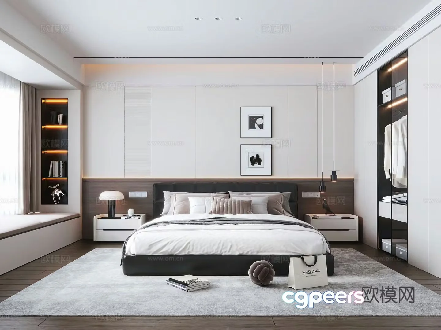 Italian light luxury home bedroom Italian light luxury double bed bed nightstand glass wardrobe bedside chandeliers 3D model
