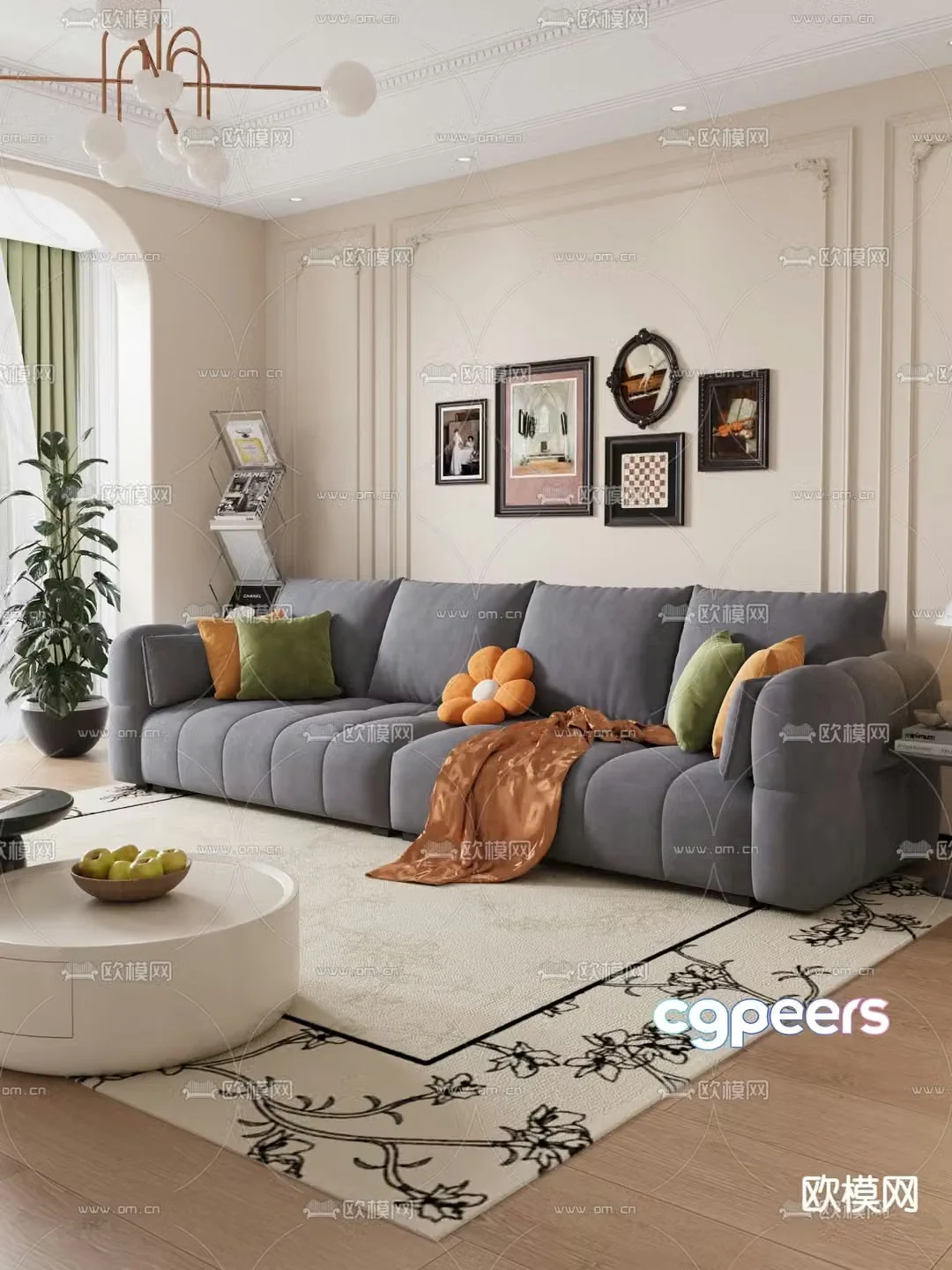 Cream style multi-person sofa 3D model