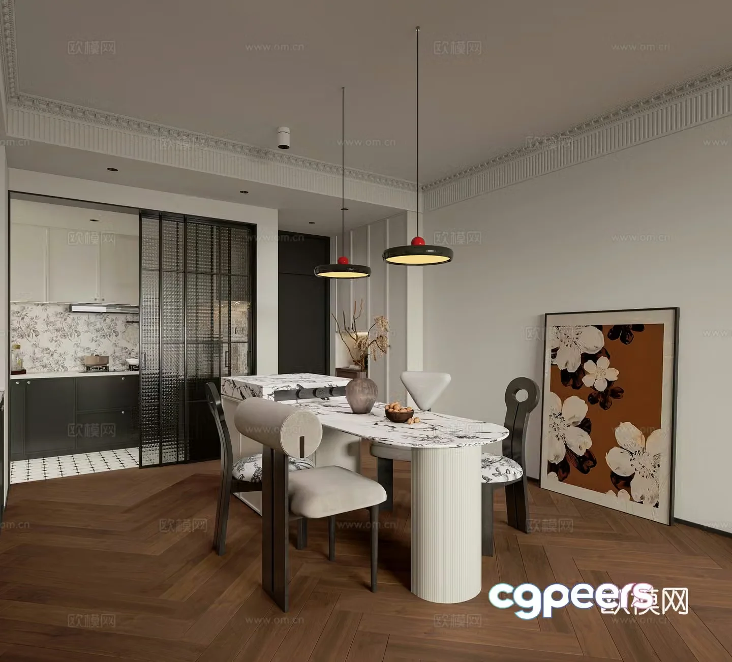 Middle style restaurant French restaurant dining table kitchen retro restaurant living restaurant chandelier 3d model