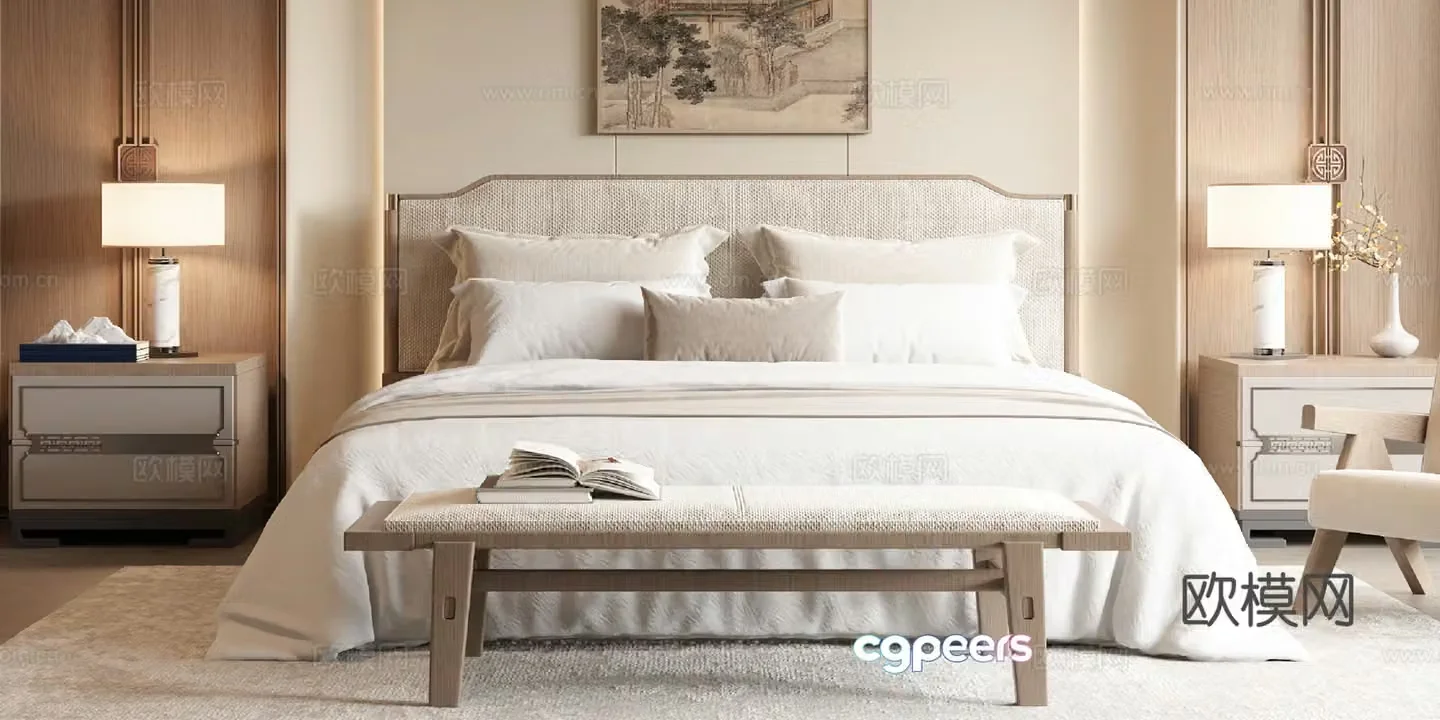 New Chinese style double bed 3D model