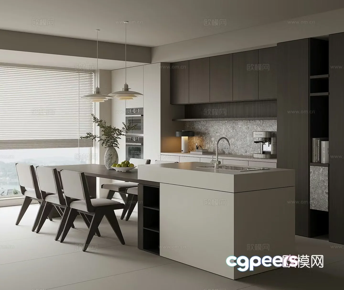 Modern island dining table and chairs 3d model