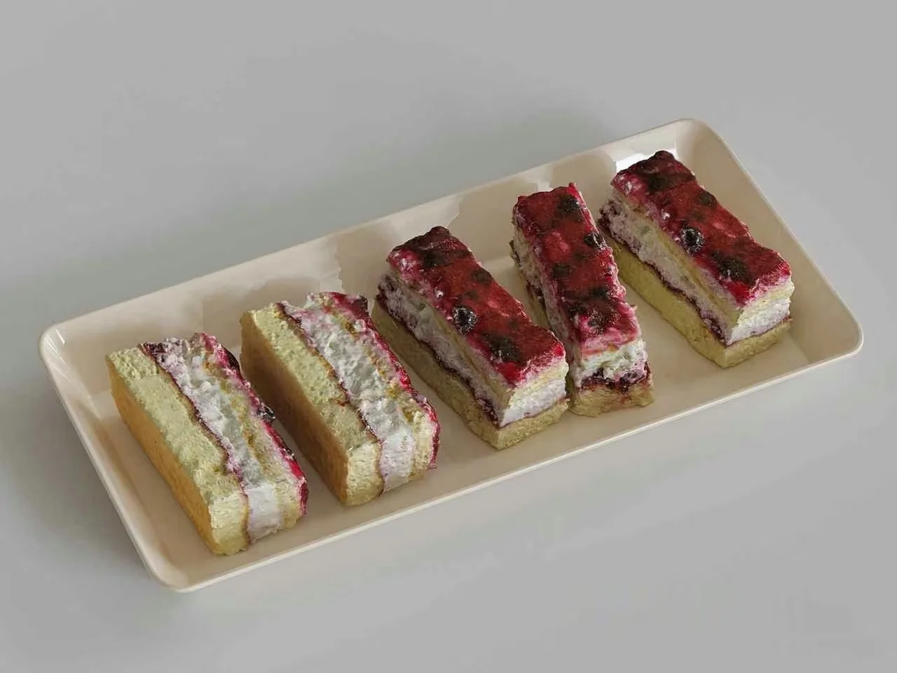 A Rectangular White Plate With Five Small Cakes 3D Model – 13077 – VRAY Render