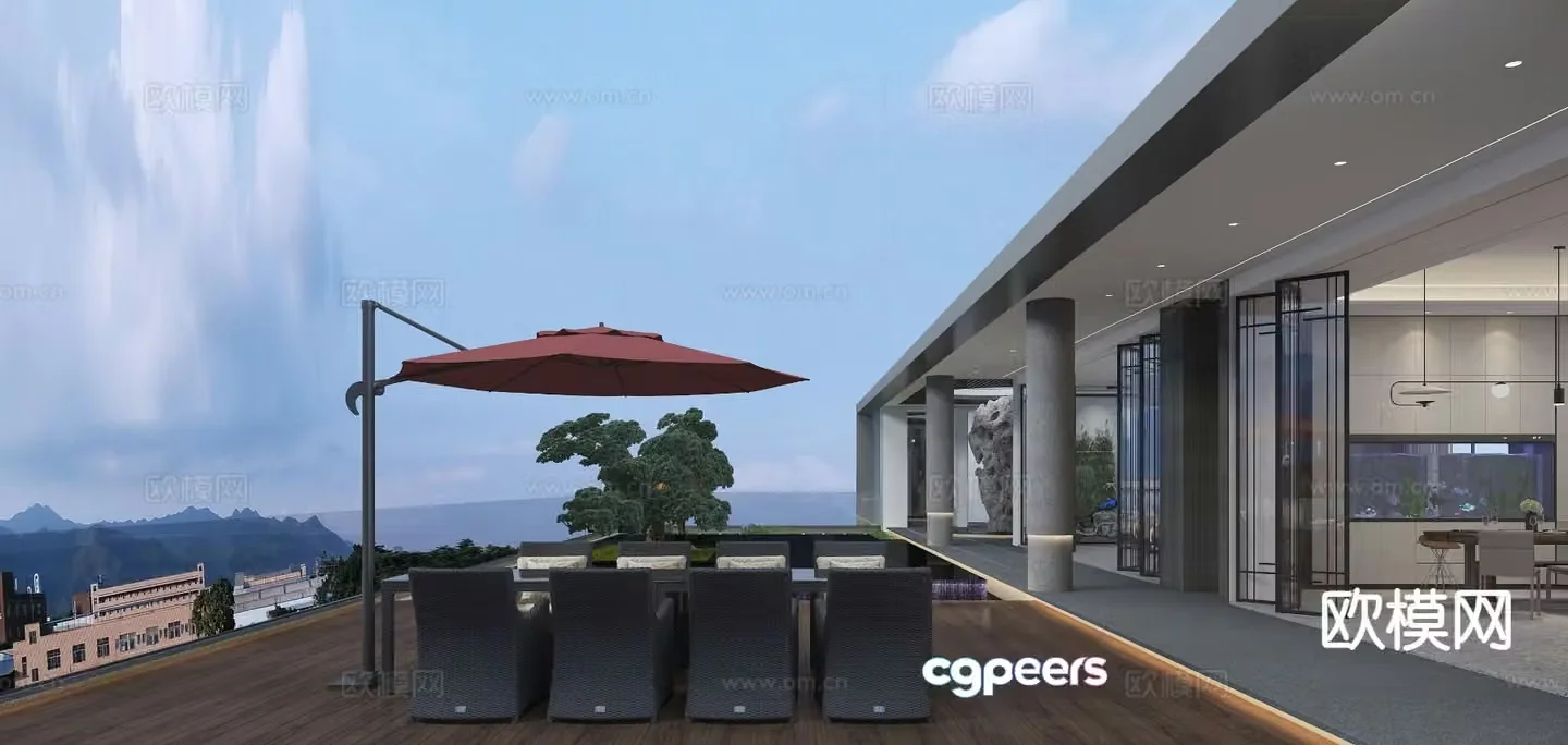New Chinese style balcony terrace roof garden 3d model