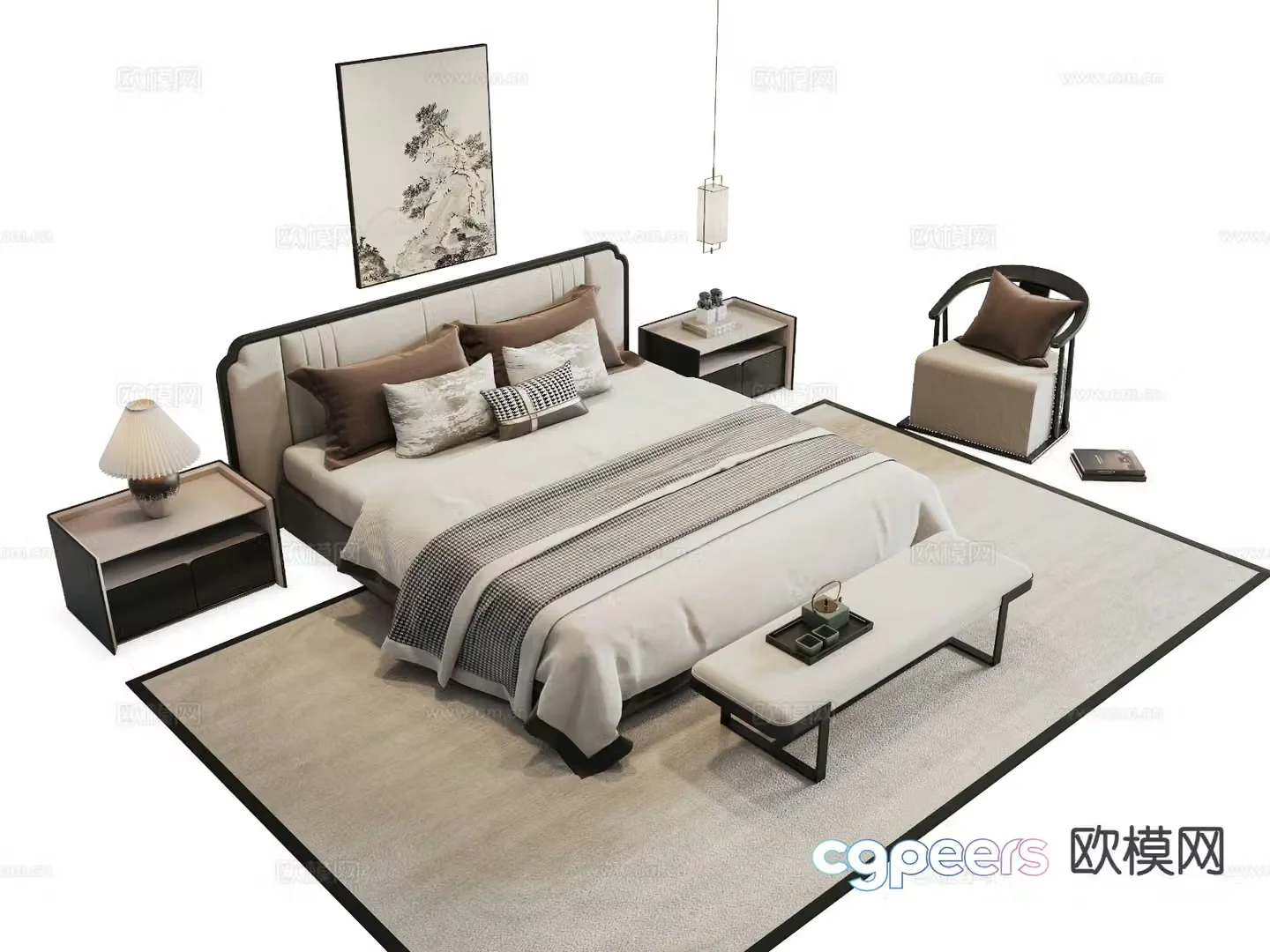 New Chinese style double bed 3d model