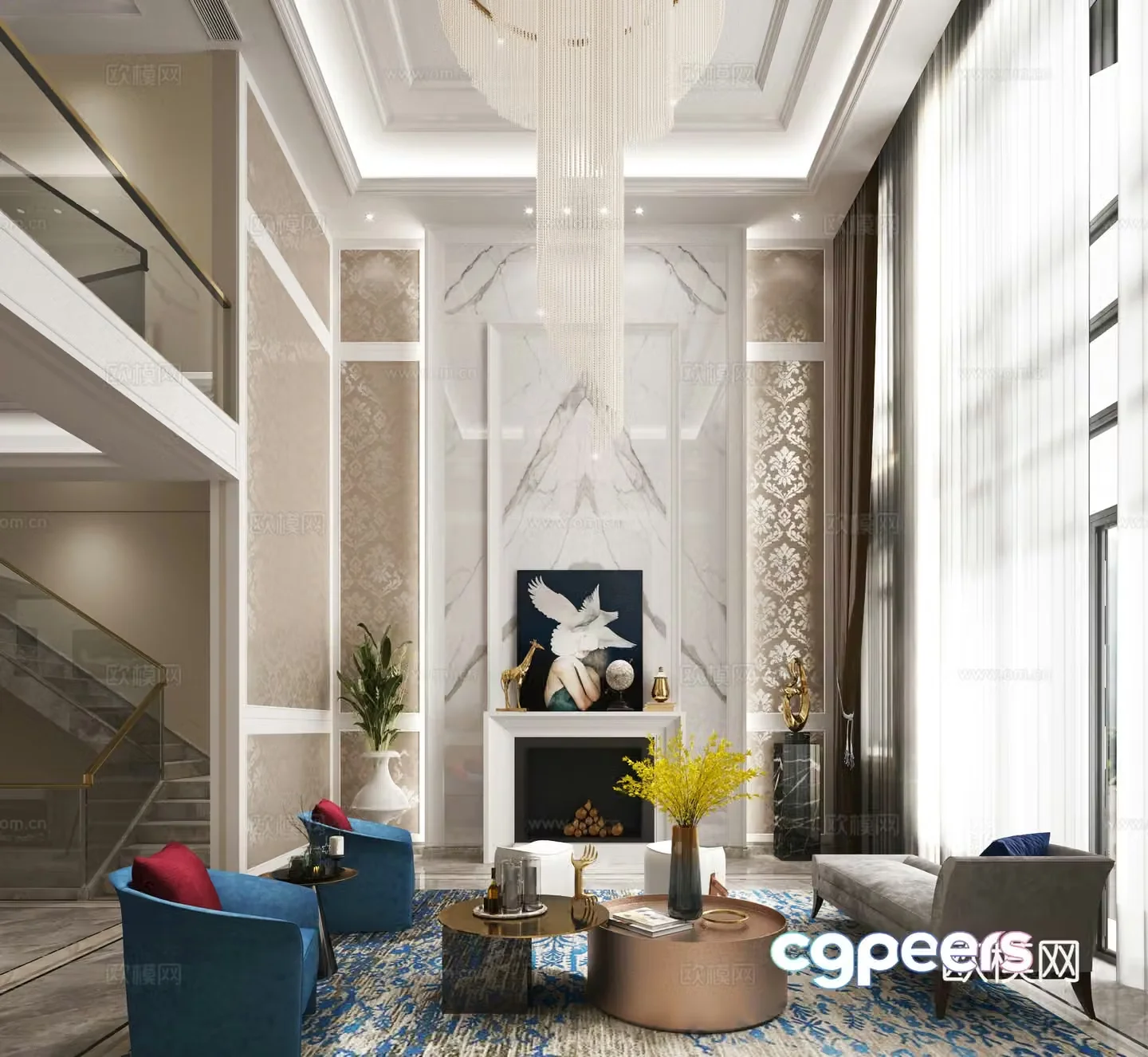 Simple European living room sofa stool coffee table hanging painting imperial chaise longue potted plant crystal chandeliers 3D model