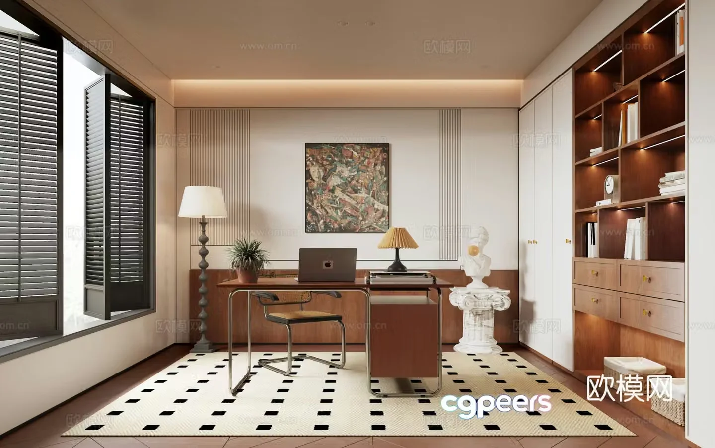 Modern medieval style study room wall-wide bookcase desk and chair decorative painting floor lamp sculpture 3d model