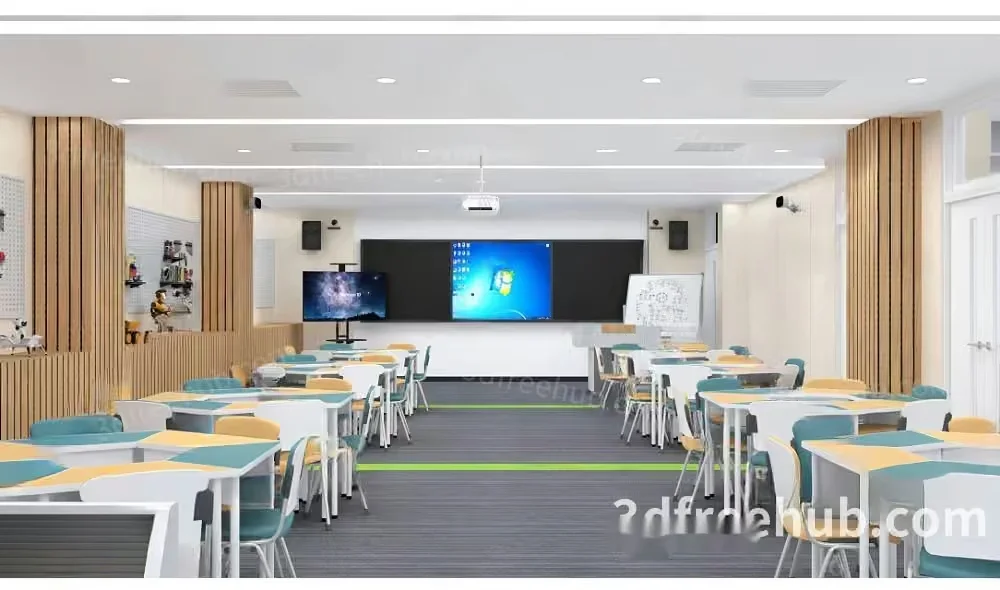 Modern Classroom With White Walls And A Projector Screen 3D Model – 20898 – VRAY Render