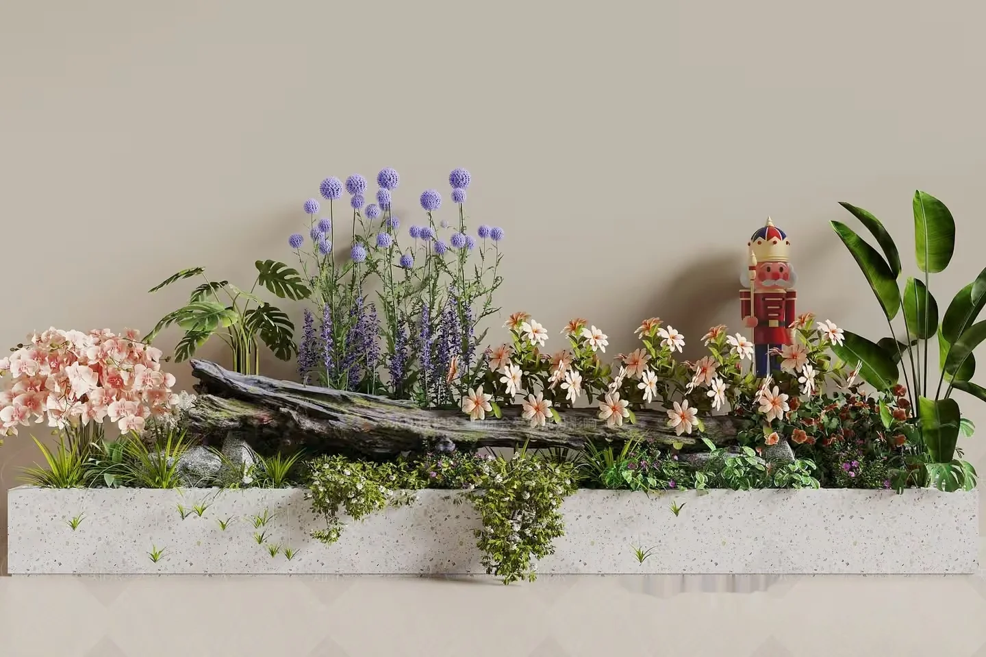 A Long White Planter Box With A Variety Of Plants And Flowers 3D Model – 4147 – VRAY Render