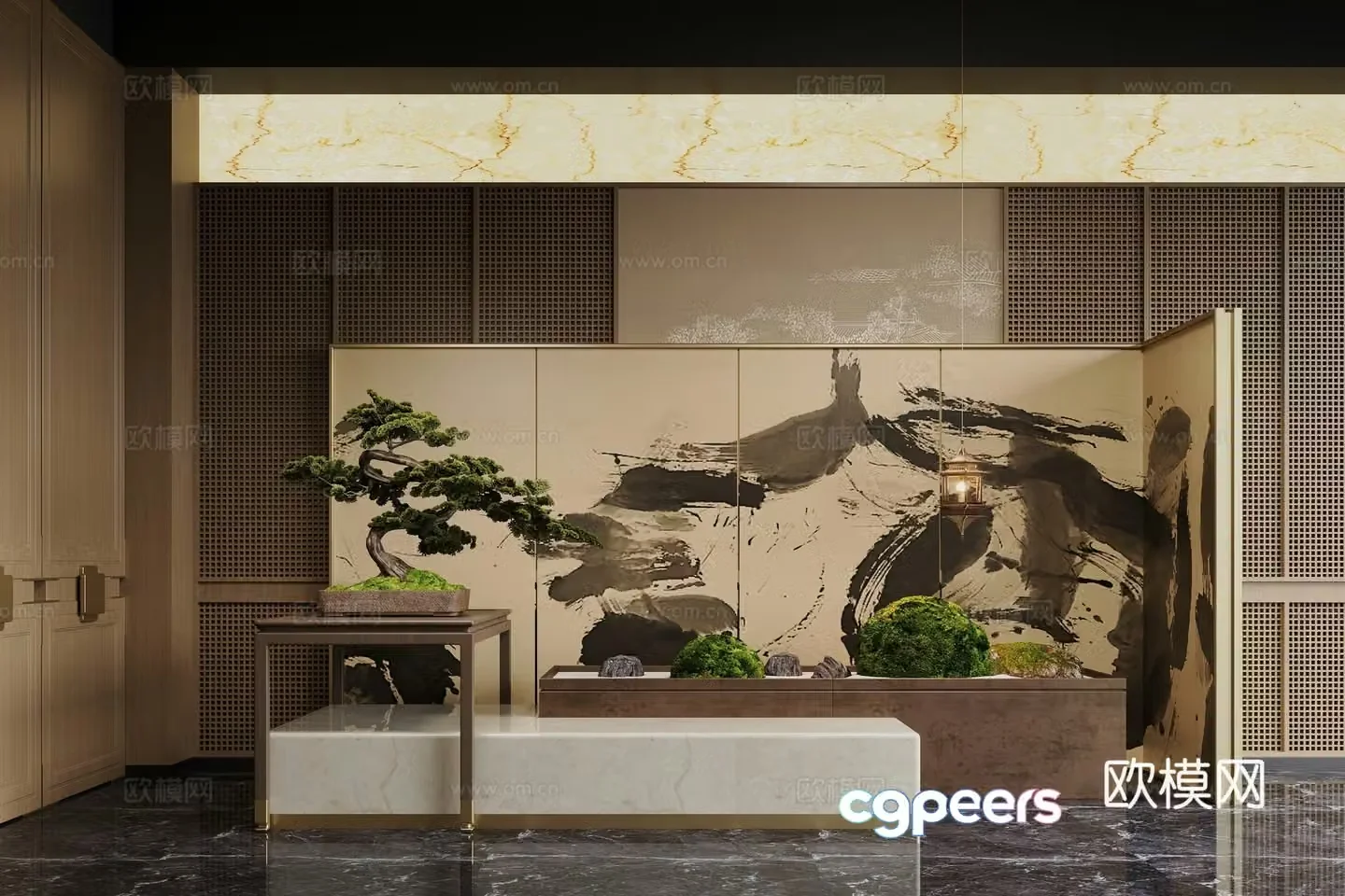 New Chinese style hall floral installation moss plant 3d model