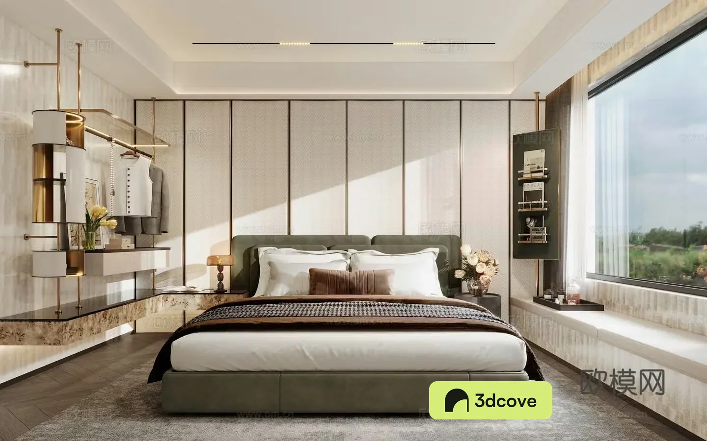 Bedroom Master bedroom Bed Open wardrobe Clothes Storage rack Flower art Drawing