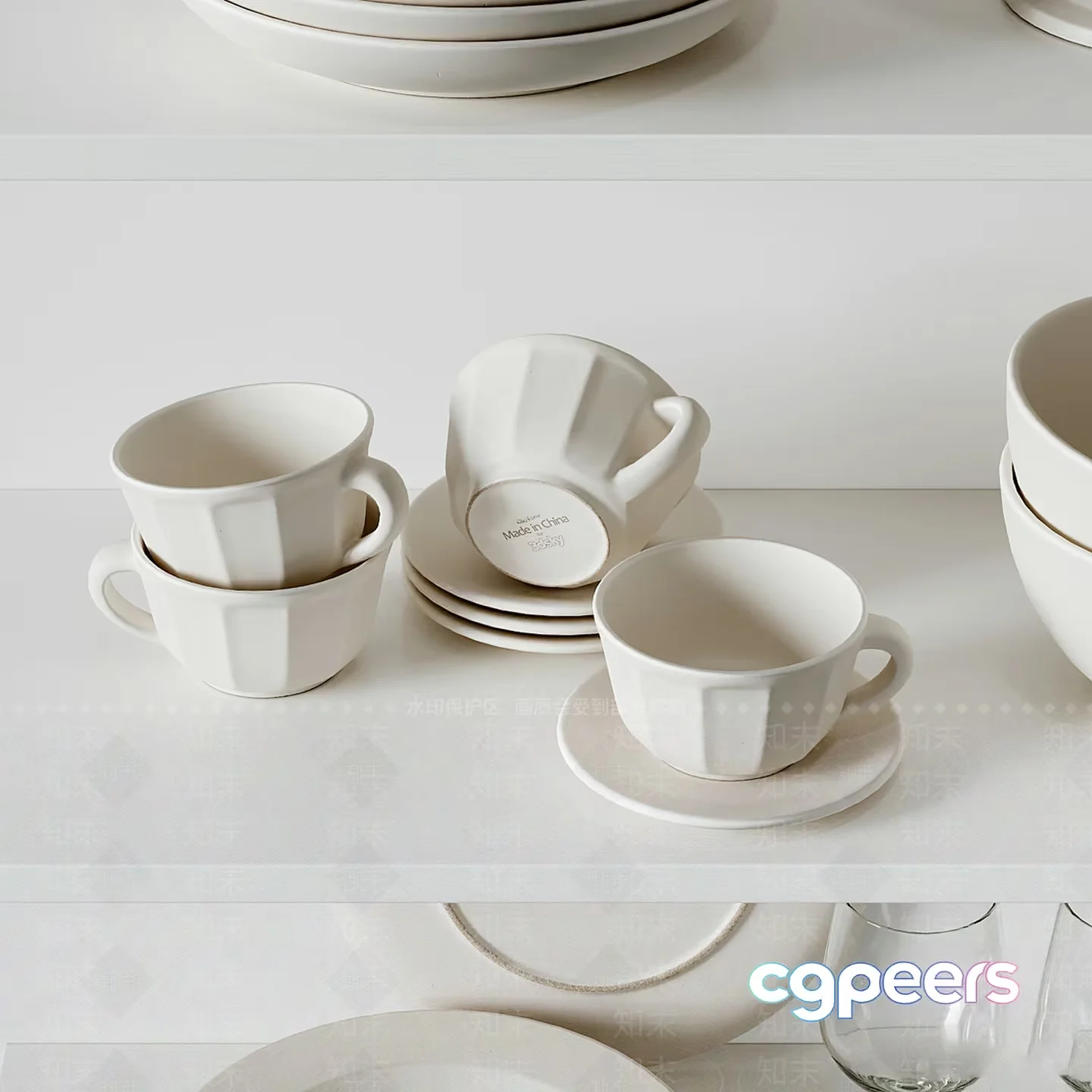 White Ceramic Cups And Saucers 3D Model – 17730 – VRAY Render