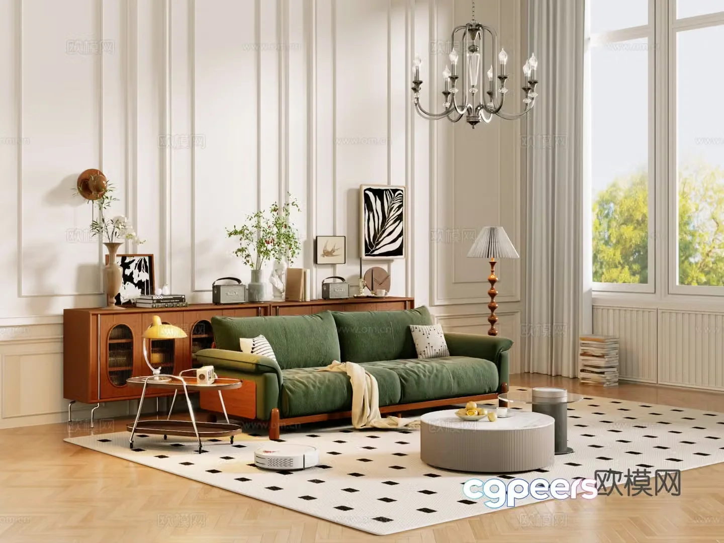 Middle-aged sofa combination coffee table carpet multi-person sofa 3D model