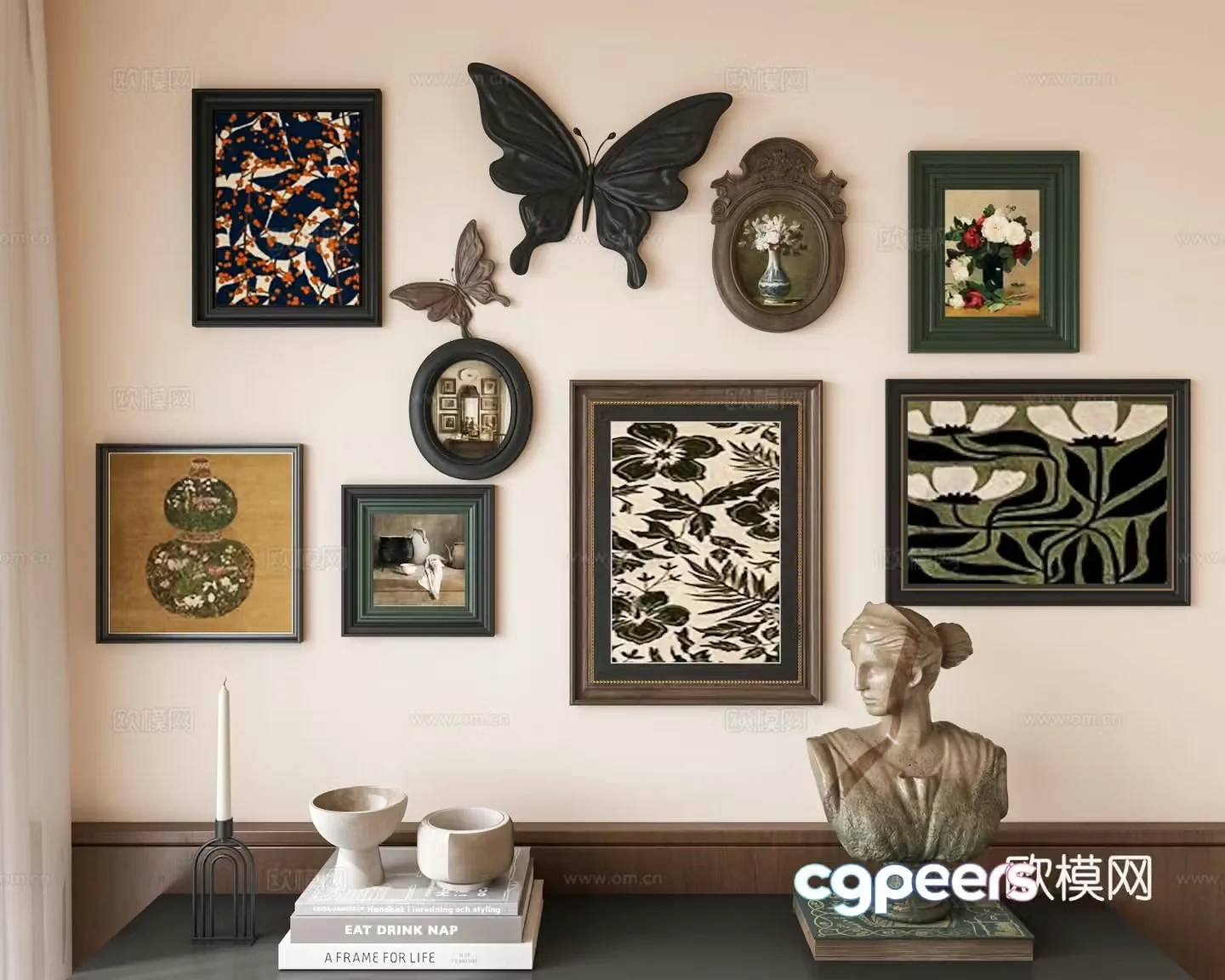 French medieval combination decorative paintings retro hanging paintings butterfly wall decorations wall decorations French sculptures 3D model