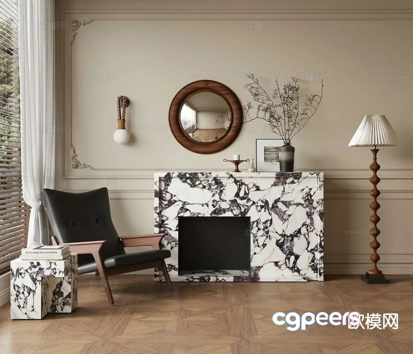 Middle style chair casual chair fireplace 3d model