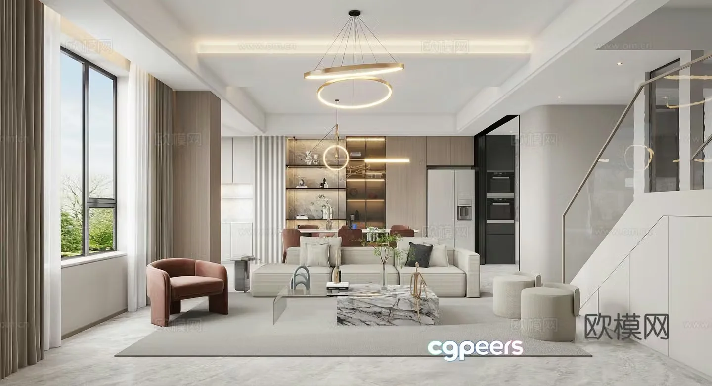 Modern living and dining room 3d model