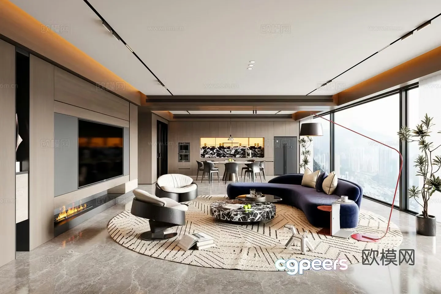 Modern Italian dining room sofa coffee table dining table chair chandeliers TV background wall wine cabinet 3d model