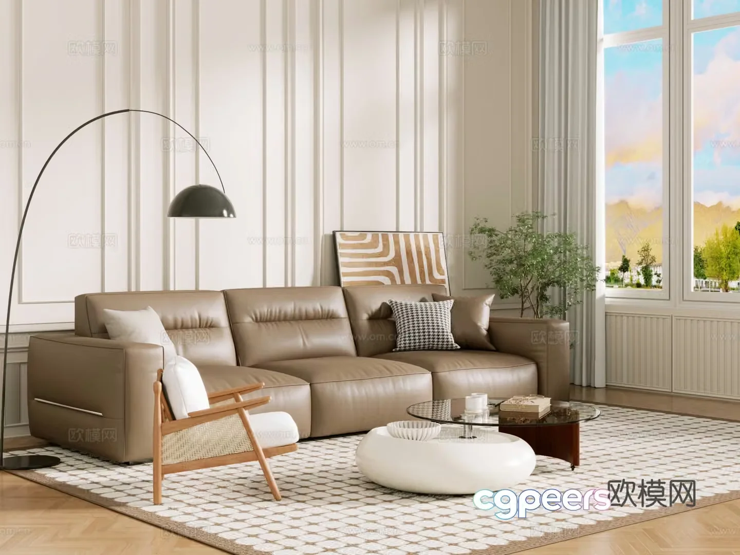 Middle-aged sofa combination coffee table carpet multi-person sofa 3D model