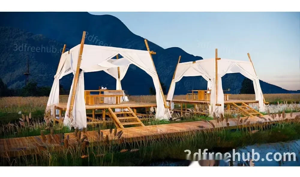 A Wooden Deck With White Curtains 3D Model – 10235 – VRAY Render