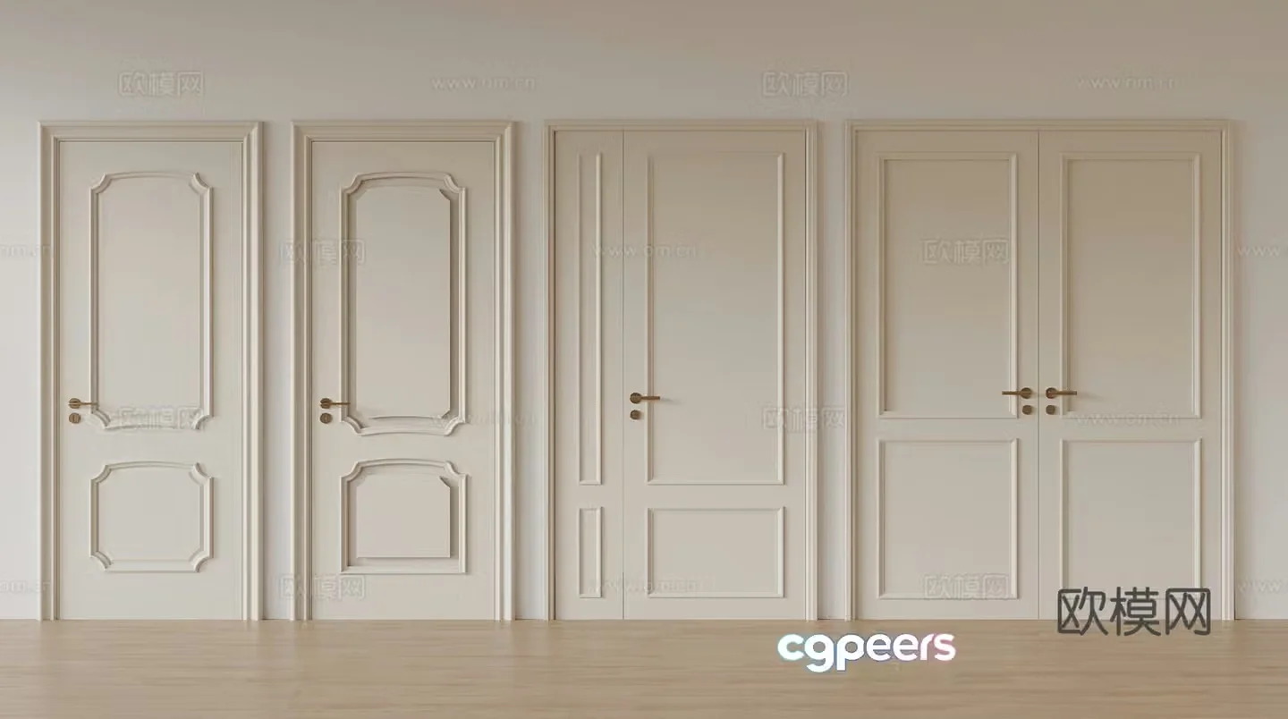 French cream single door mother and child door double door 3D model