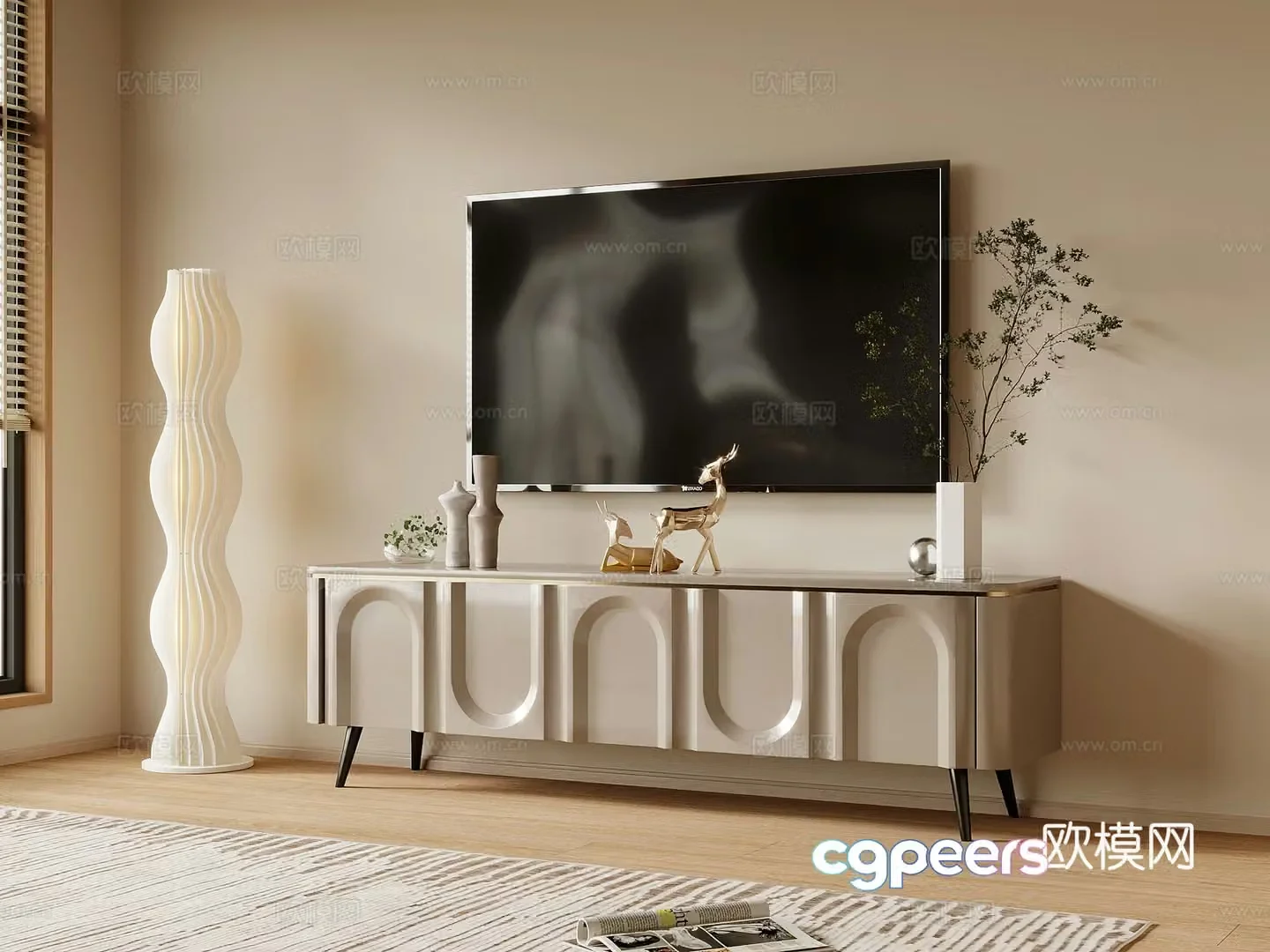 16 TV cabinet modern creamy TV cabinet floor lamp decorative ornament 3D model
