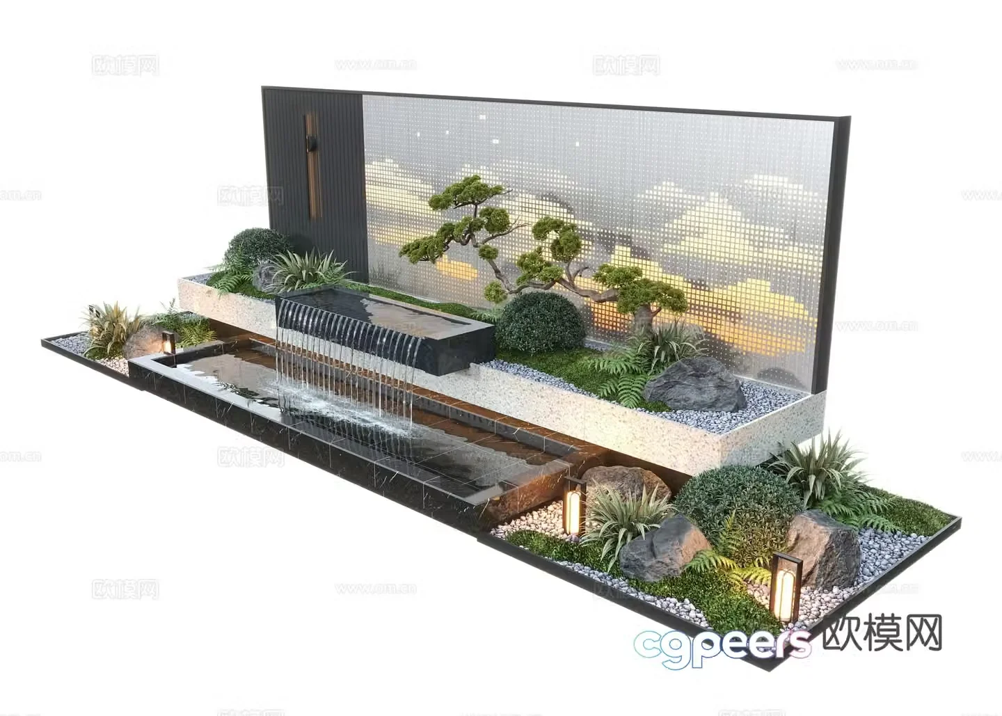 Modern courtyard water view wall stacked water pool pine tree hollow landscape wall 3d model