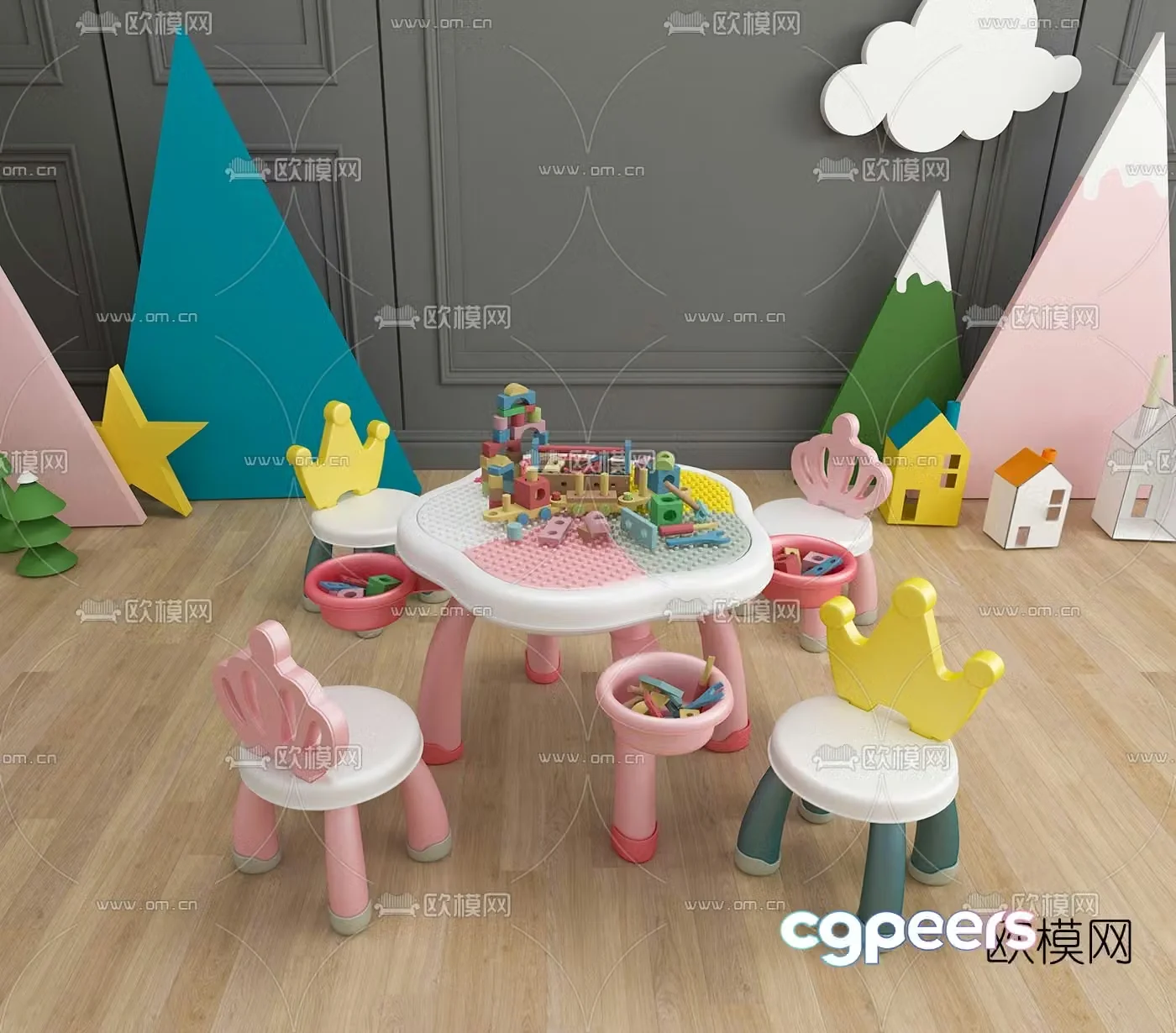 Modern children’s toys building blocks table and chair 3d model