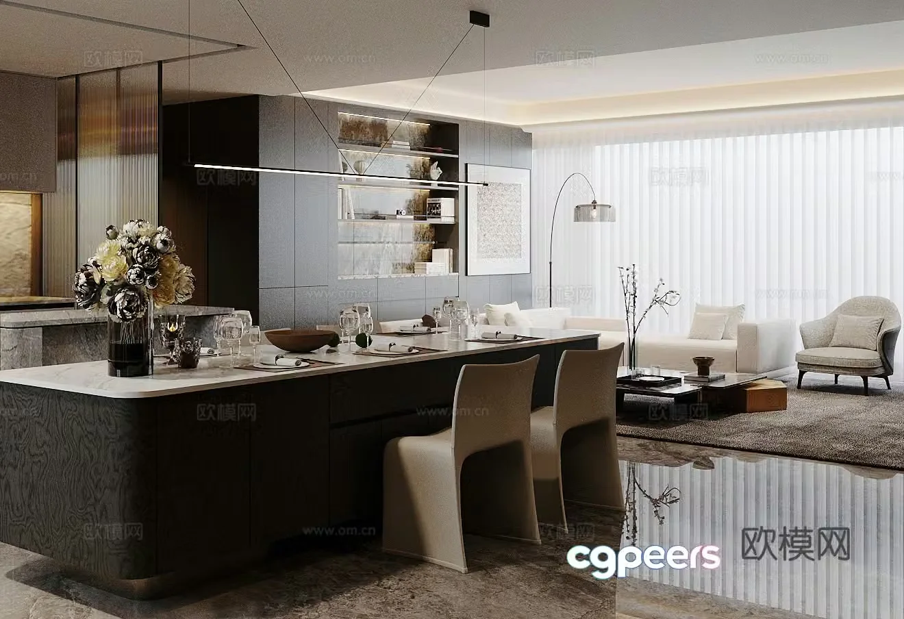 Light luxury Italian home living and dining room homeless lights modern living and dining room horizontal living and dining room 3D model