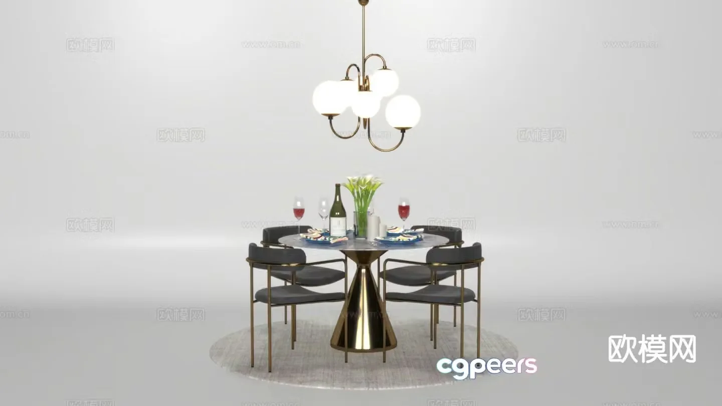 Light luxury round dining table and chairs 3D model