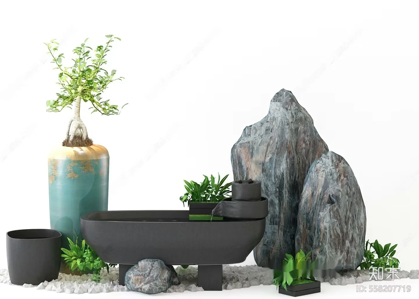 A Stone And Plant Arrangement 3D Model – 16110 – VRAY Render