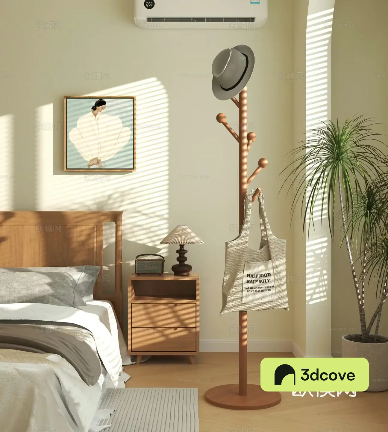 Modern clothes hanger chest of drawers bedside table green plant potted