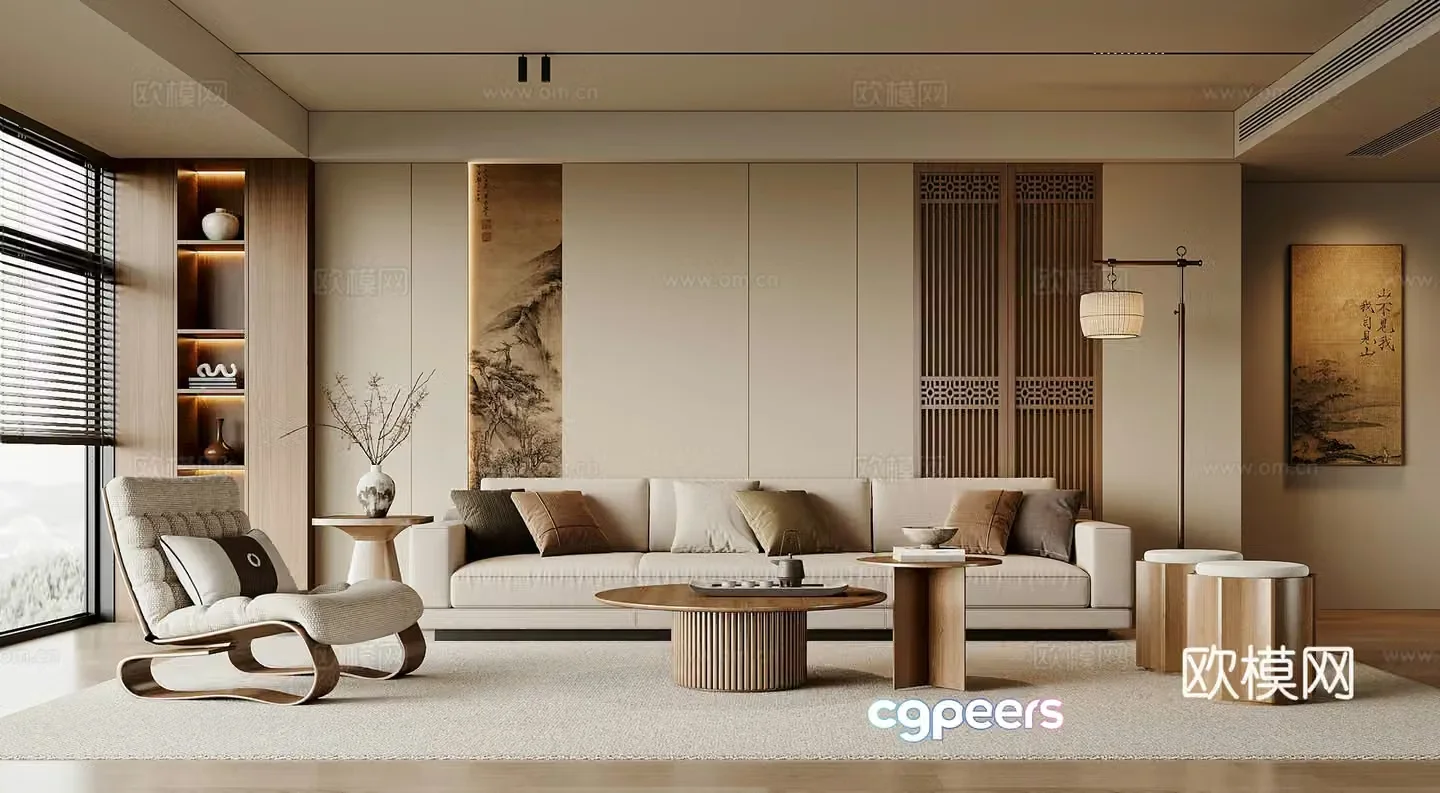 Modern new Chinese living room sofa and coffee table combination leisure chair pier hanging painting coffee table Song style 3D model