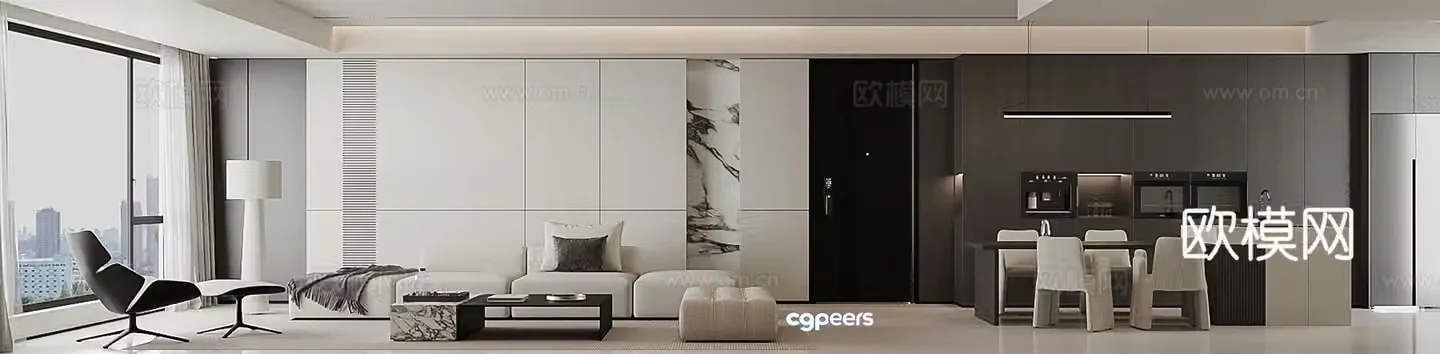 Modern minimalist living and dining room 3D model