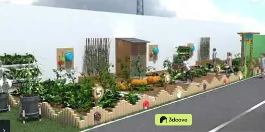 A 3D Rendering Of A Garden With A Road