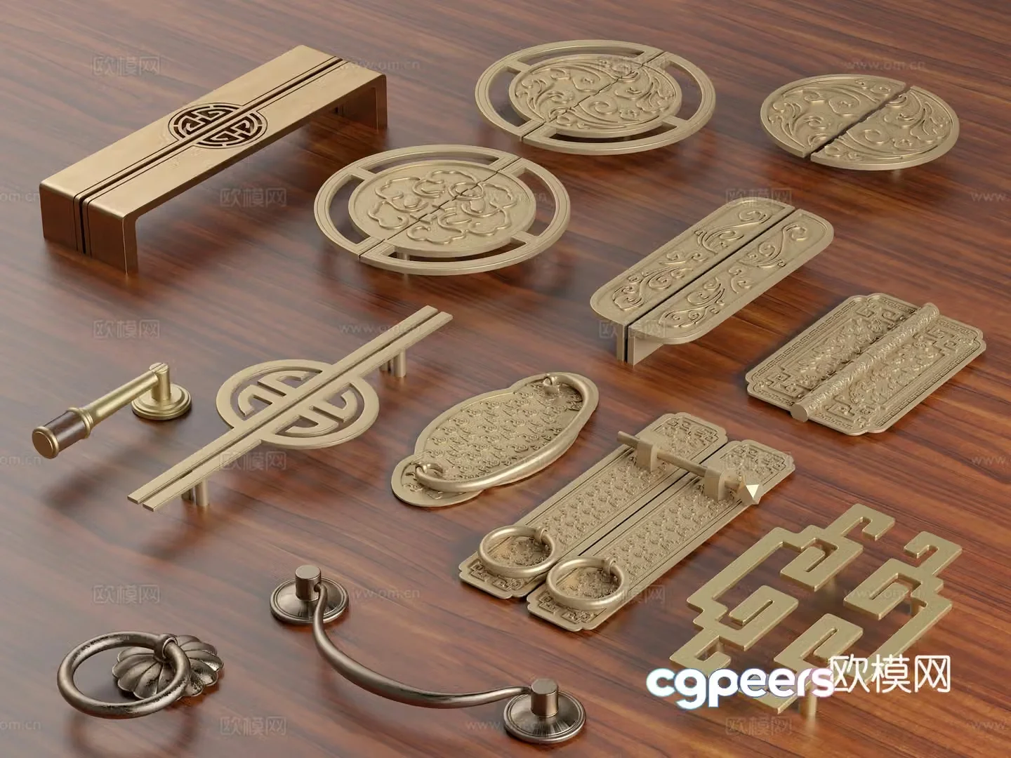 New Chinese style handle brass handle drawer handle classical wardrobe handle cabinet door handle 3D model