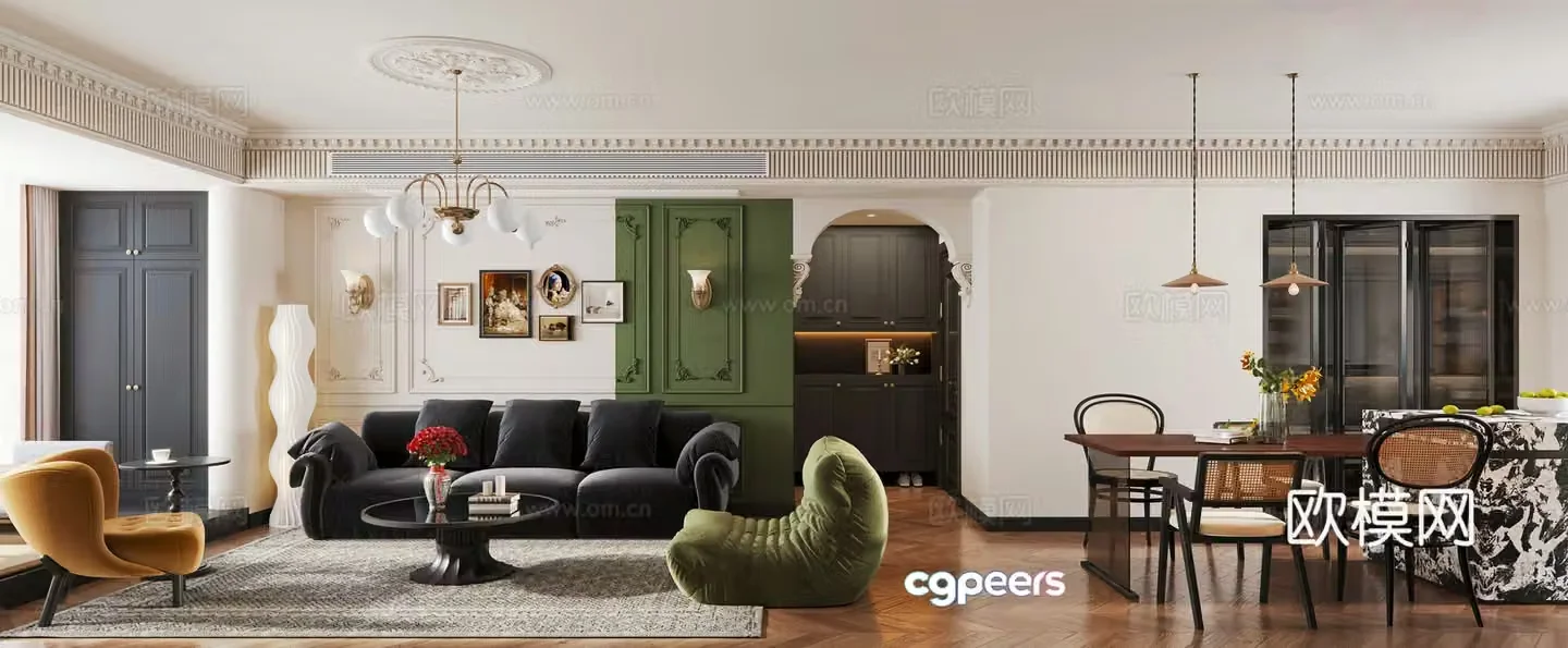 French living and dining room 3d model