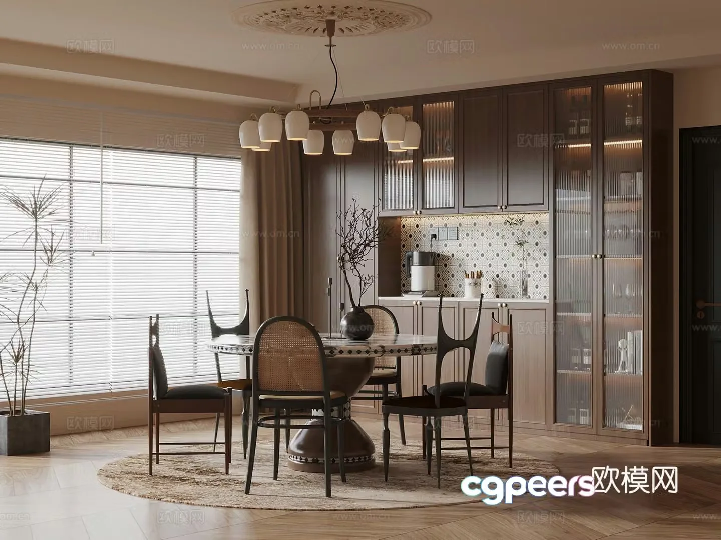 Middle-aged restaurant wine cabinet sideboard dining table and chair combination 3D model