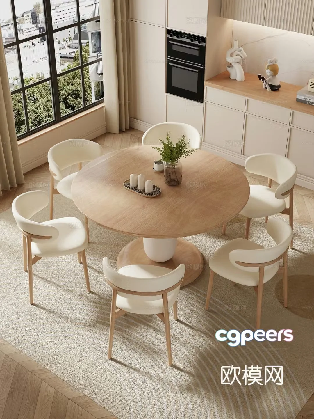 Creamy restaurant dining table and chair combination rock table hanging painting decoration 3d model