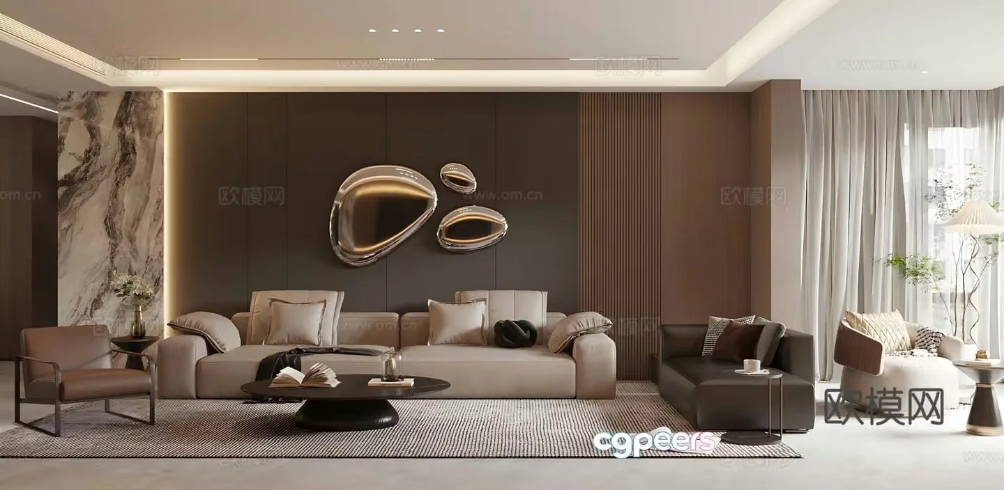 Light luxury Italian-style home living room high-end gray living room living room without lights sofa coffee table combination side table 3D model