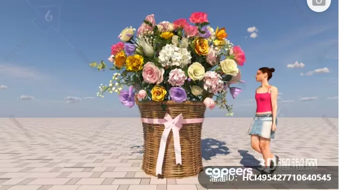 A Woman In A Pink Top And Denim Skirt Standing Next To A Large Bouquet 3D Model – 16174 – VRAY Render