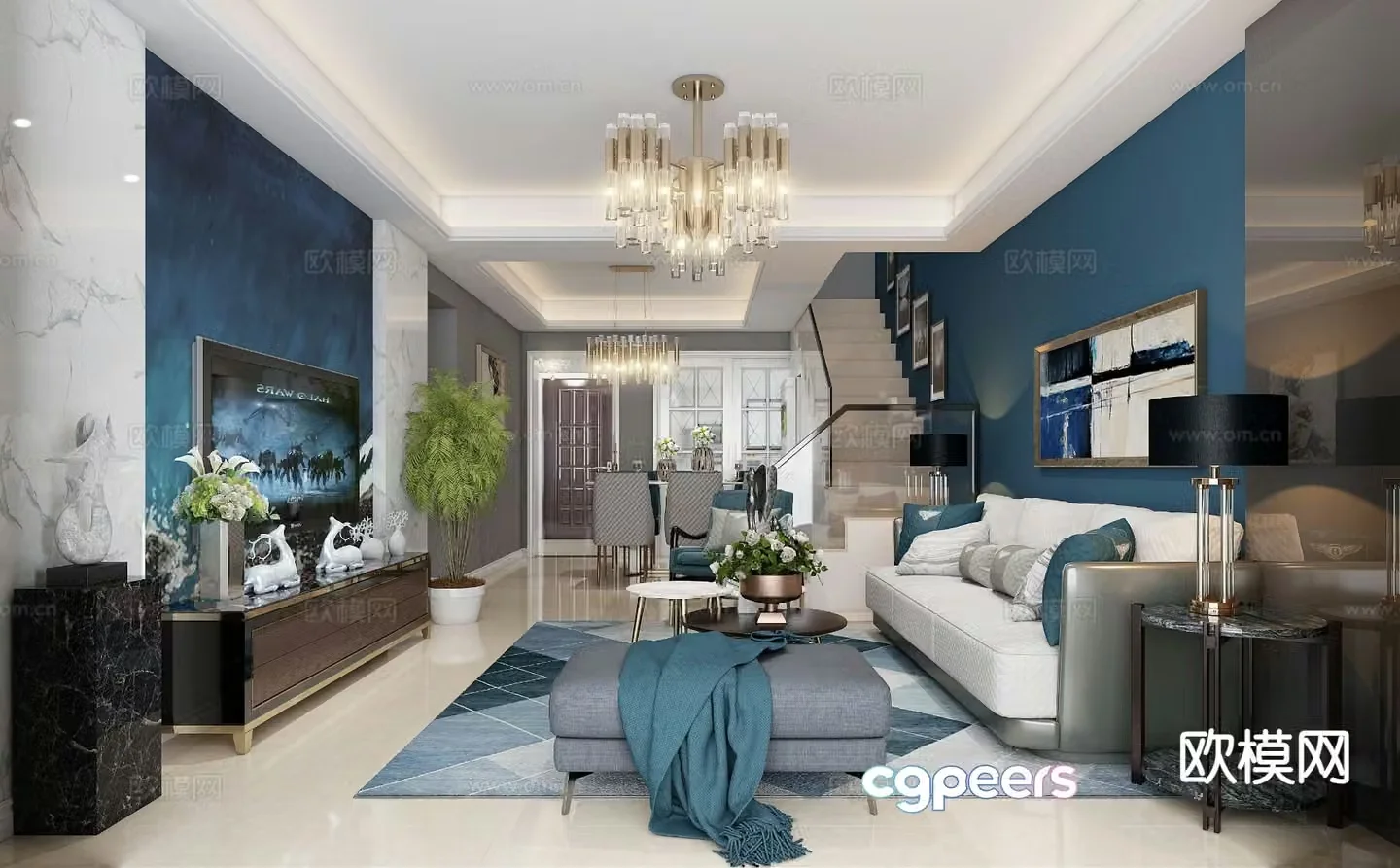 Light luxury guest restaurant duplex living room 3D model