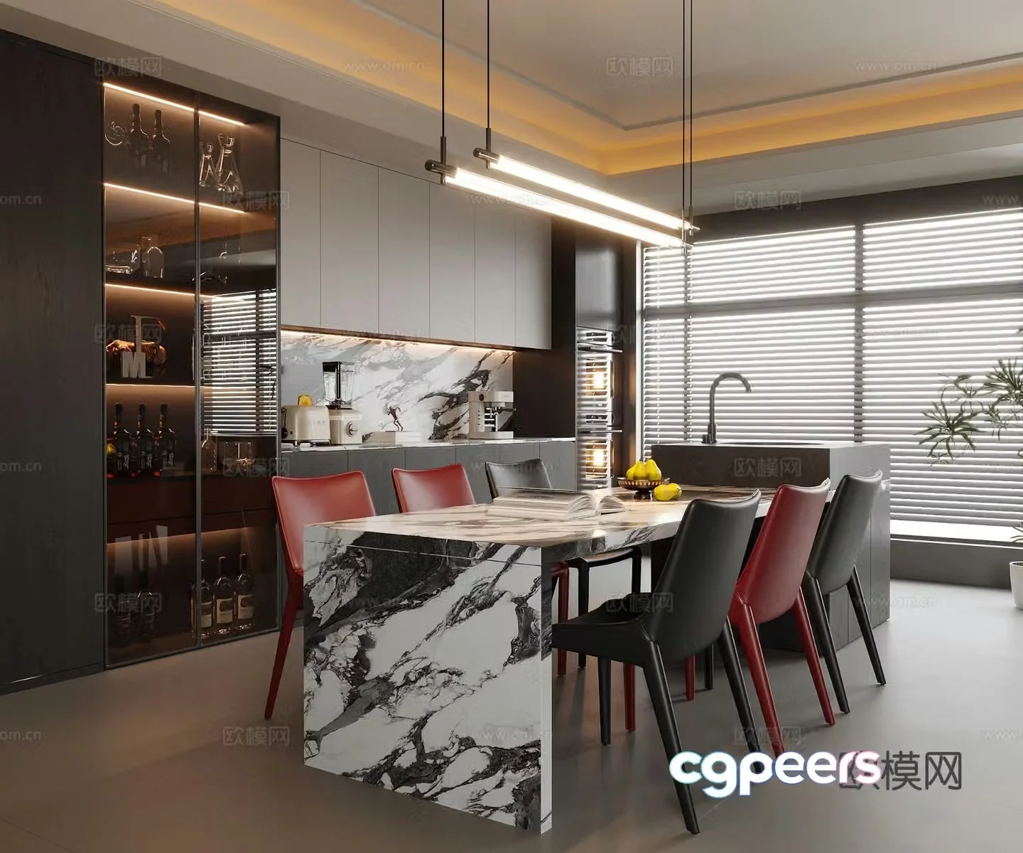 Modern restaurant dining table and chair wine cabinet island dining table and chair sideboard 3d model
