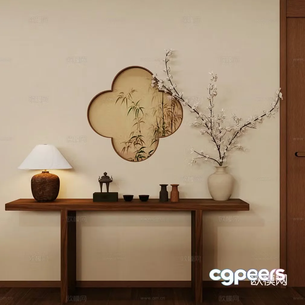 New Chinese style plan New Chinese style entrance hall Entrance door case Solid wood strip case End view cabinet Chinese frame scene 3D model