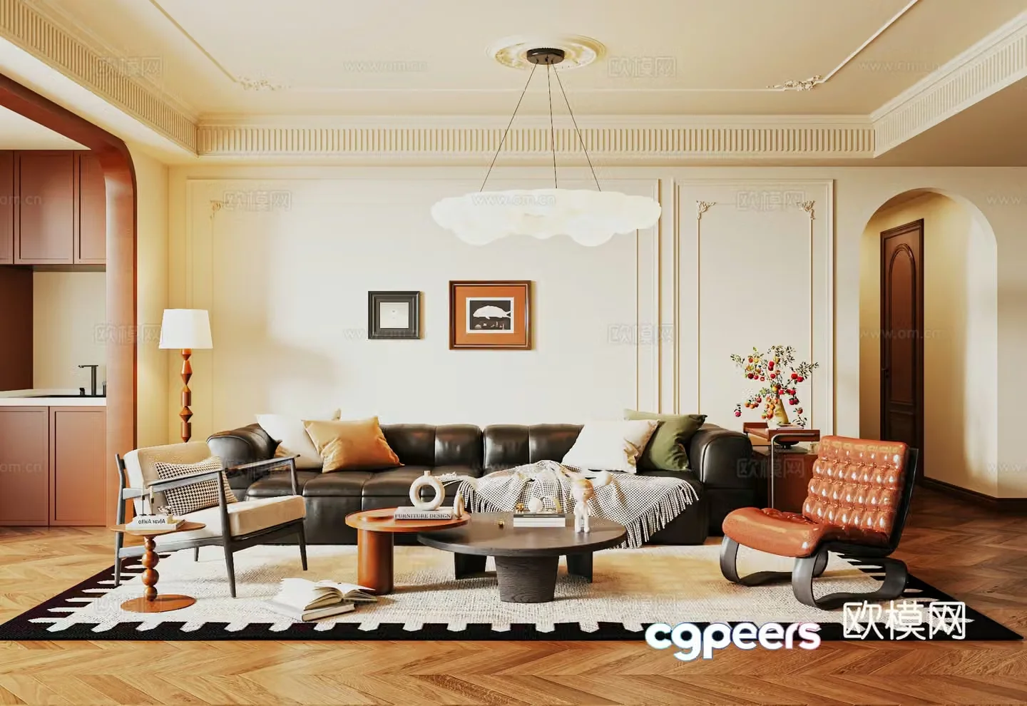 French retro home living room French retro sofa combination leather sofa retro lounge chair 3d model