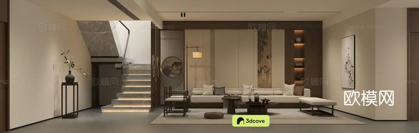New Chinese style living room sofa Song’s living room coffee table combination Song’s Zen background wall Stair dead branches