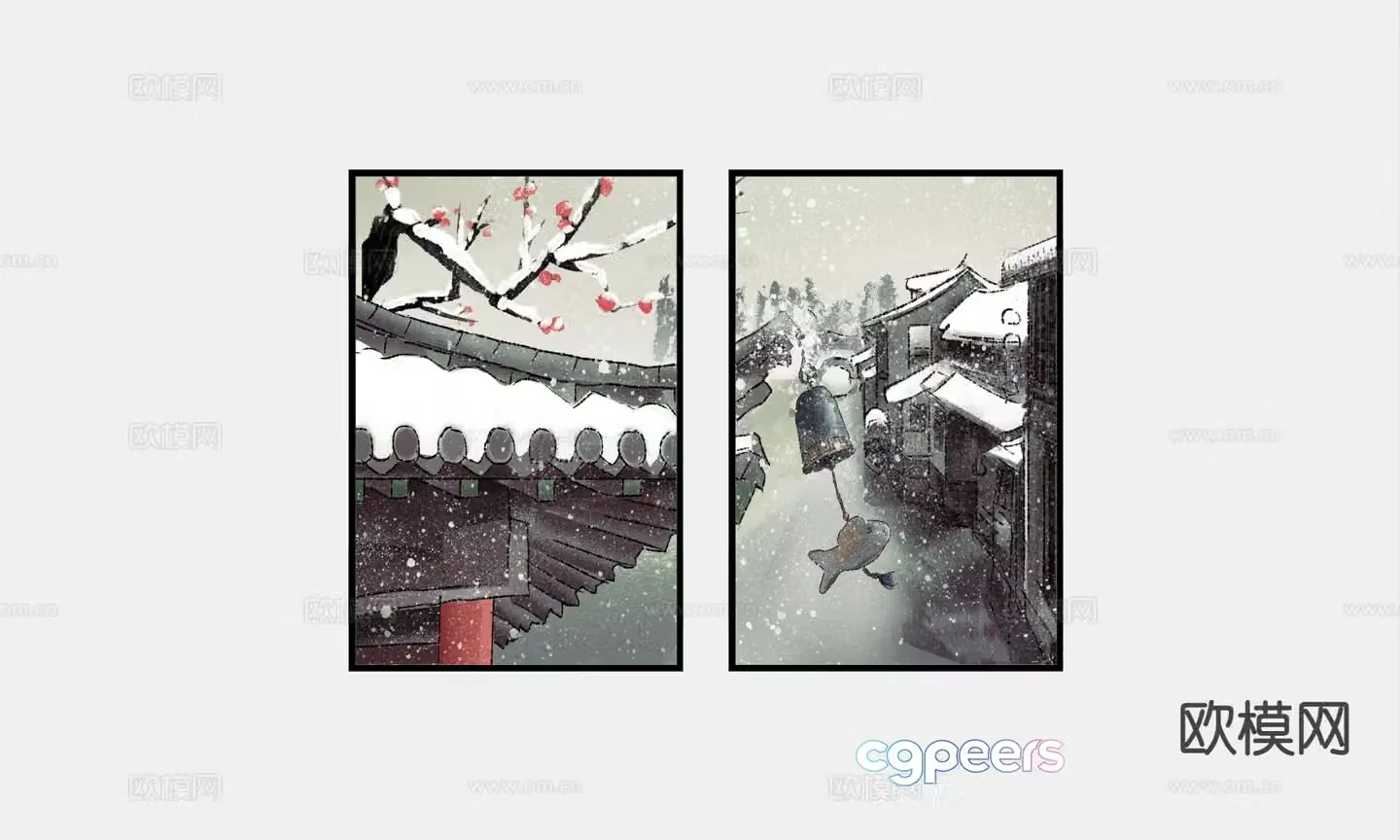 Chinese combination painting snow scene painting decorative painting 3D model