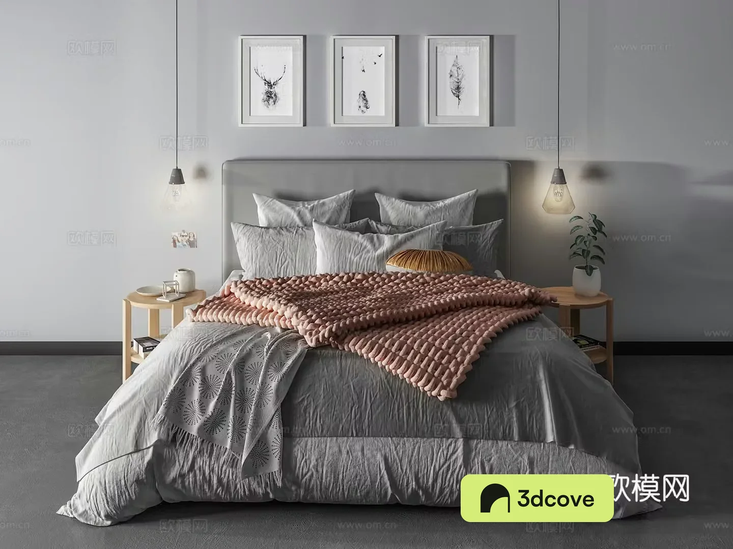 Modern double bed pillow chandeliers hanging painting