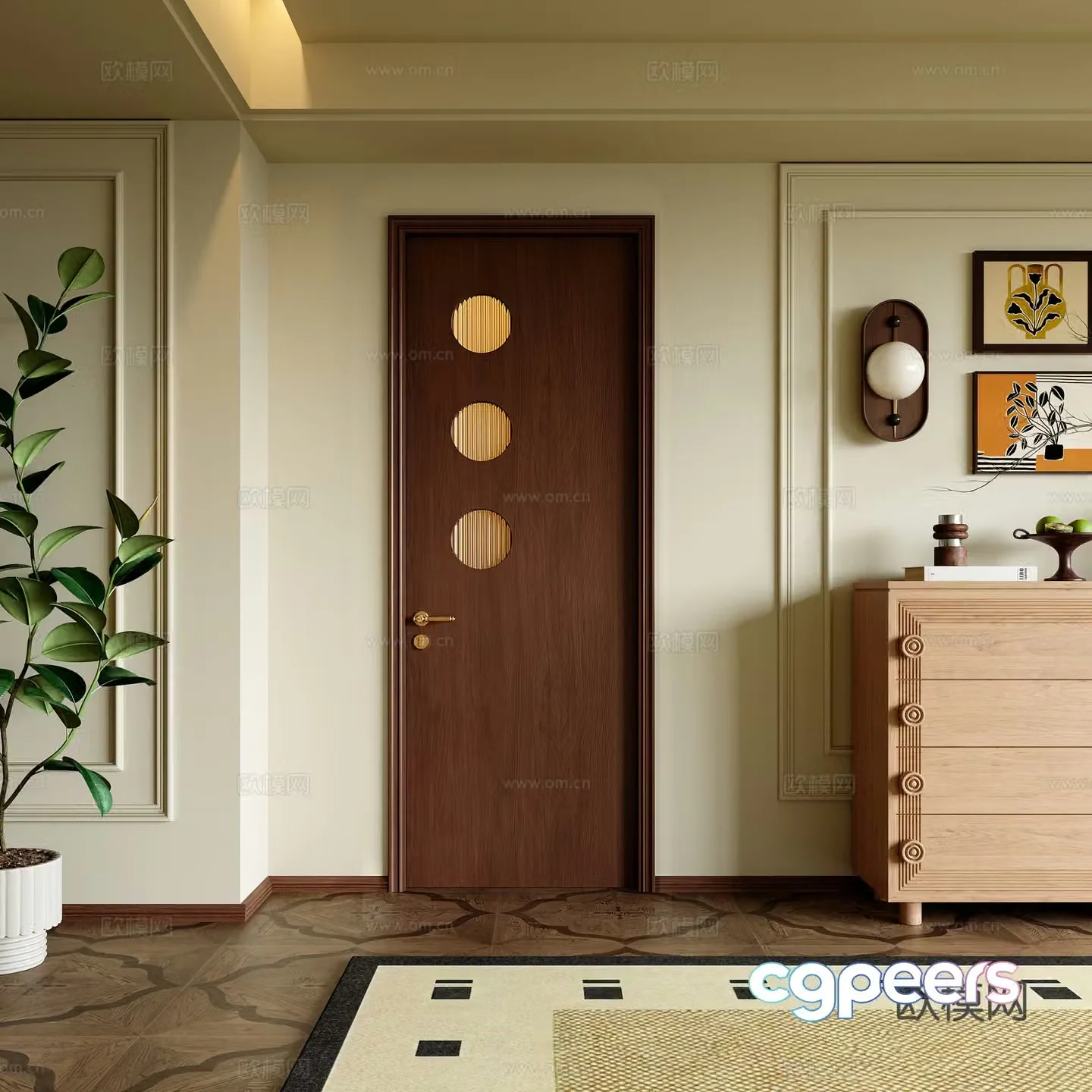 French retro style indoor bathroom single door 3D model