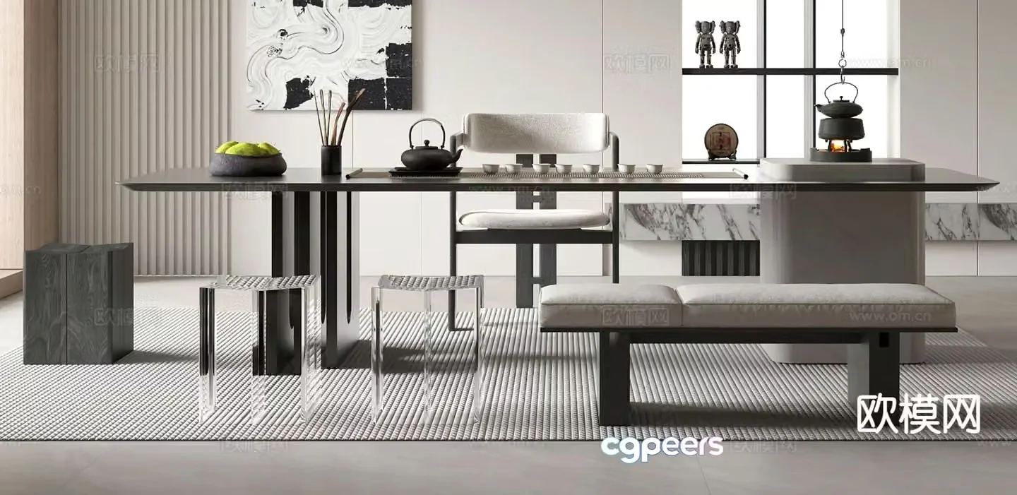 New Chinese tea table and chairs 3d model